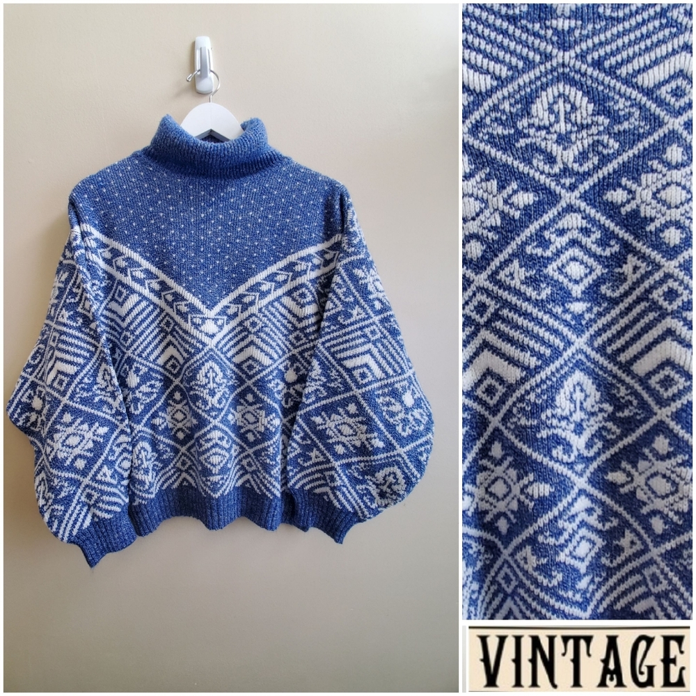 Vintage Blue & White Fair Isle Turtleneck Sweater